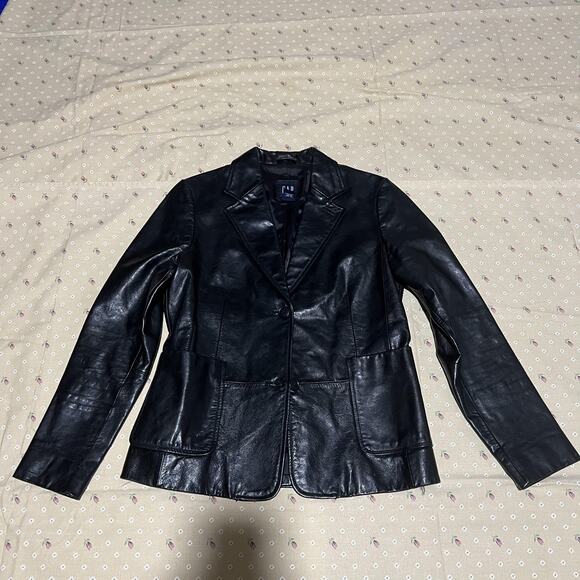 GAP Blazer Jacket Womens 4 Black Genuine Leather Notch Lapel Lined Coat Y2K - Picture 1 of 7